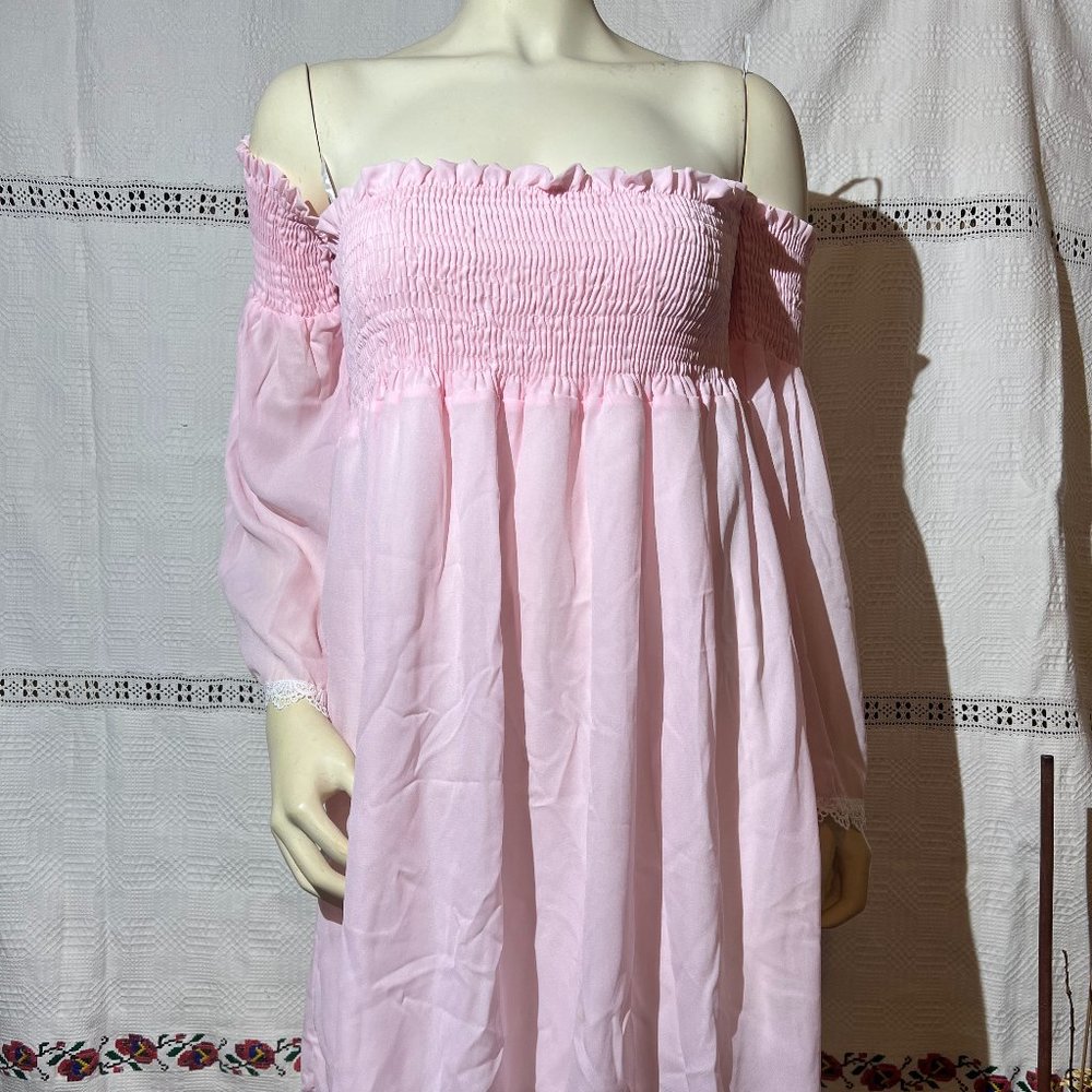 Smocked Puff Sleeve Mini Dress Teens Solid Pink Size X Large